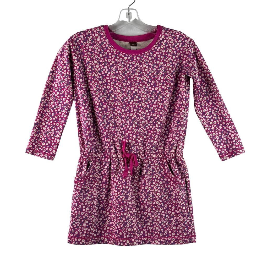 Tea Collection Ditsy Drawstring Dress Long Sleeve Pink Girls 8 Pockets Floral